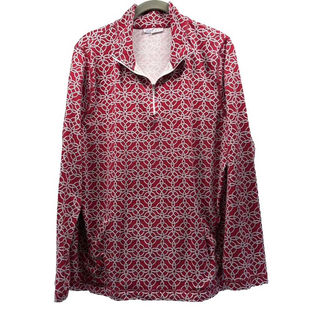 Talbots Women's Top Size Large Red White 1/4 Zip Long Sleeve Pullover Pockets